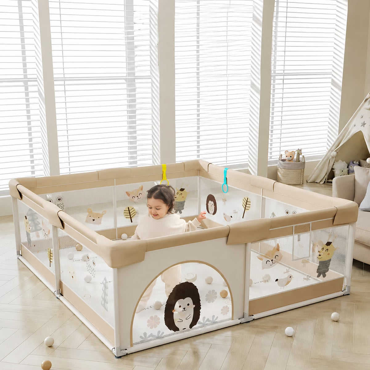 Parc de jeux bébé pliable 200cm x180 cm Beige avec tapis et balles