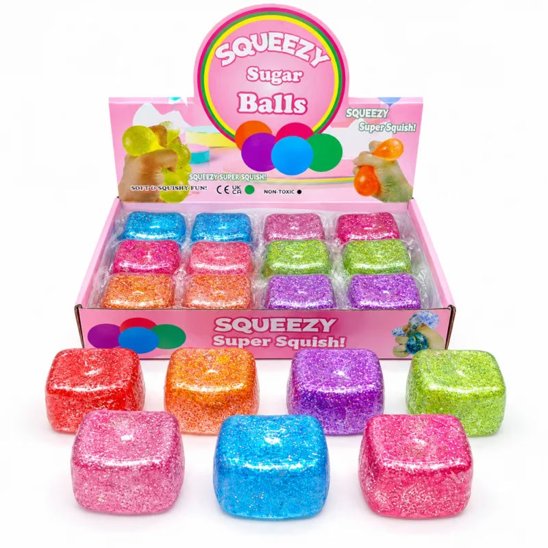Squeezy Sugar Balls – Cube Squishy Pailleté Anti-Stress