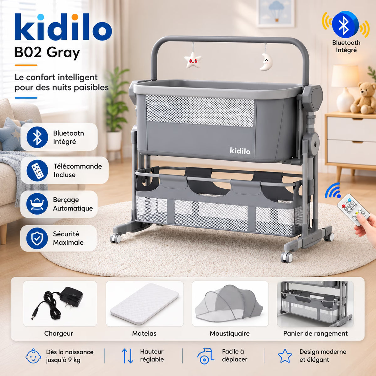 Berceau cododo électrique B02 gris – Kidilo