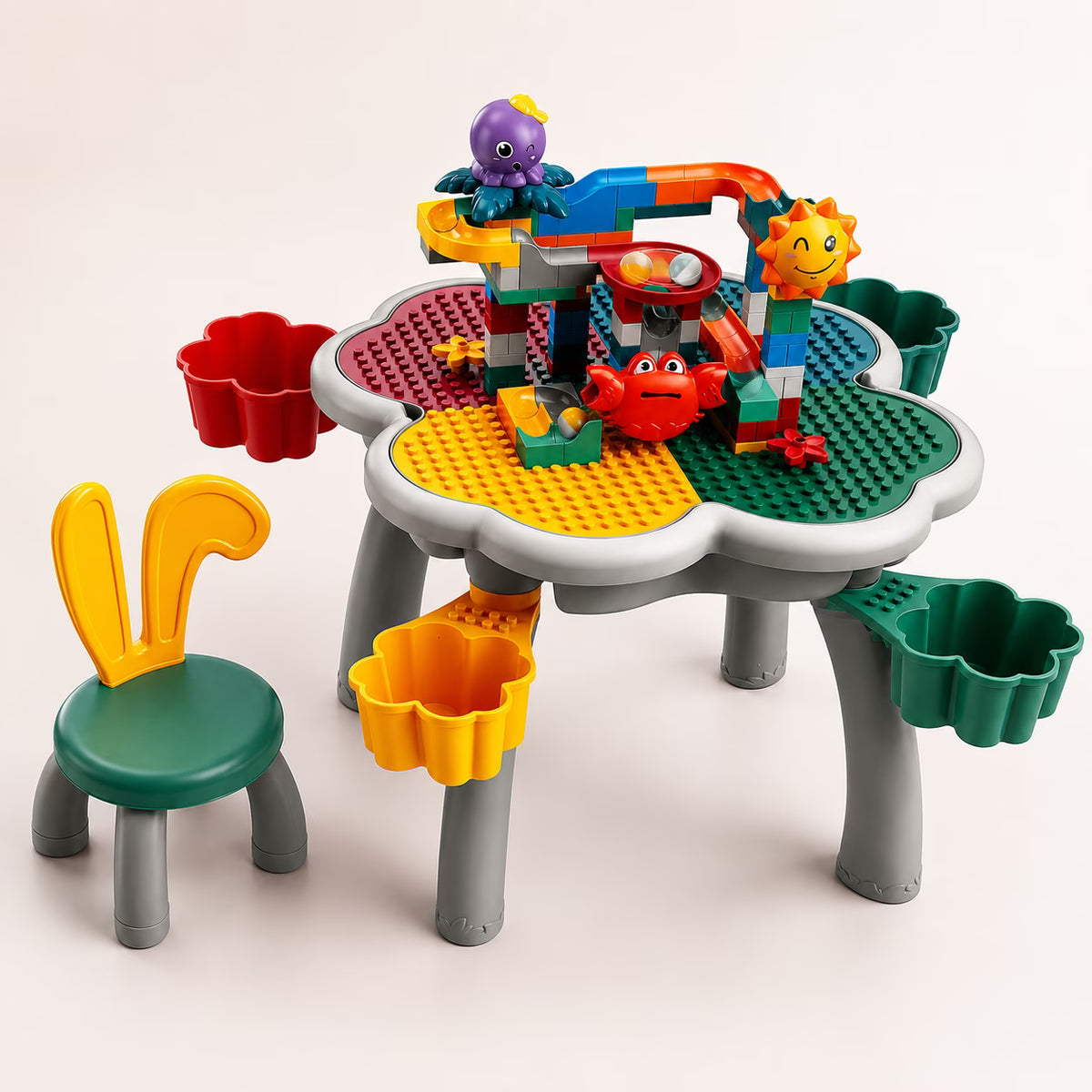 Table de Jeu Enfant avec Chaise Lapin et 152 Blocs Animaux
