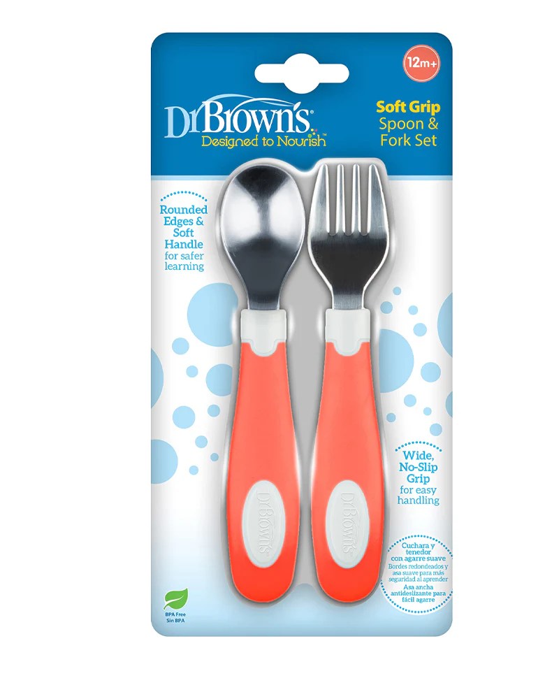 Dr. Brown’s Ensemble de cuillère et fourchette en métal 12M+ Corail