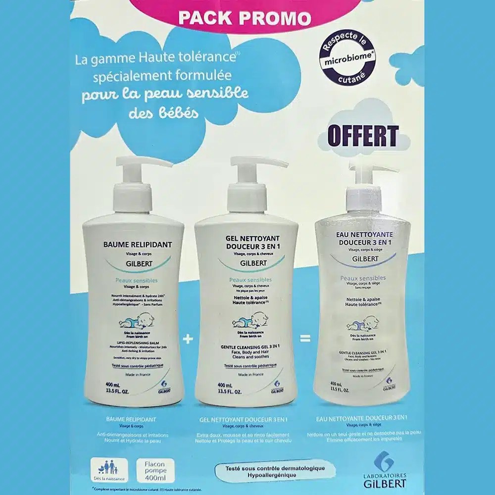 Offre : Gilbert Gel Nettoyant + Baume Relipidant 400ml = Eau Nettoyante 400ml