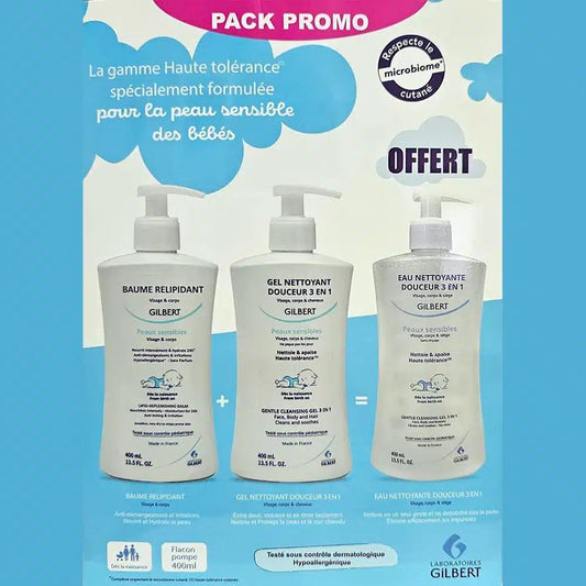 Offre : Gilbert Gel Nettoyant + Baume Relipidant 400ml = Eau Nettoyante 400ml