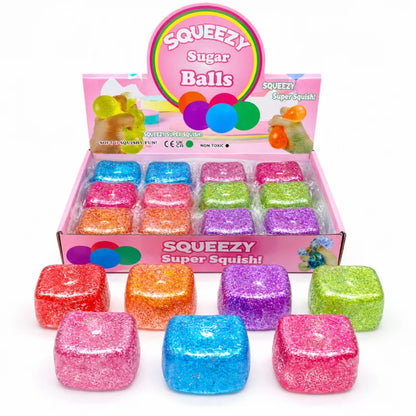 Squeezy Sugar Balls – Cube Squishy Pailleté Anti-Stress