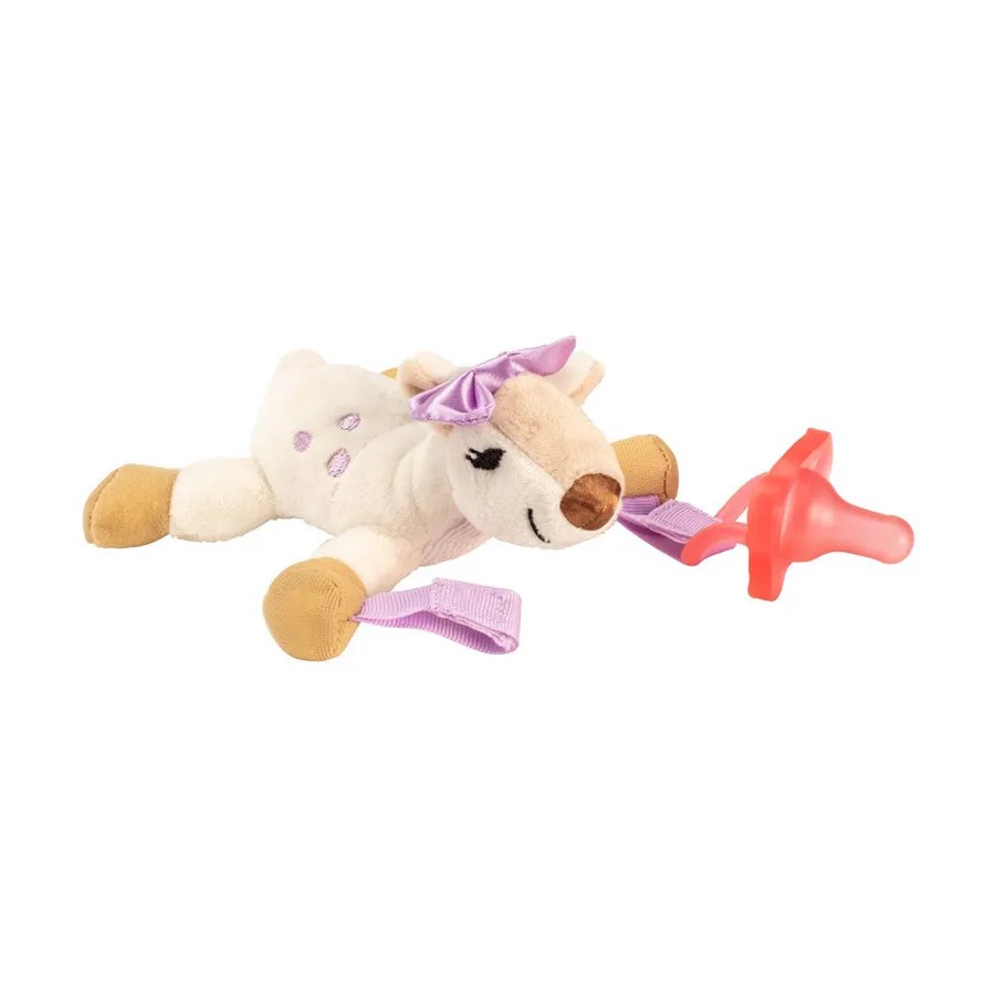 Doudou cerf avec tétine rose une pièce silicone