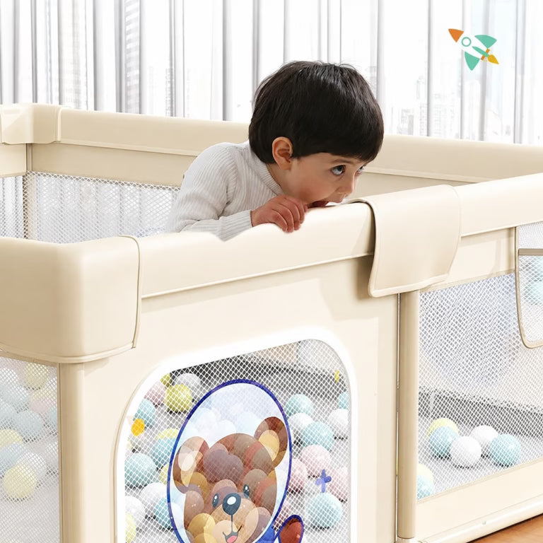 Parc de jeux bébé pliable 200cm x180 cm Beige avec tapis et balles