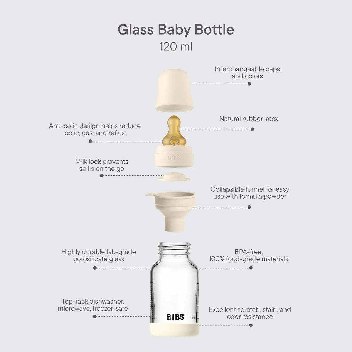 BIBS – Biberon en verre rond latex 120ml Slow Flow – Ivory