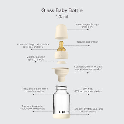 BIBS – Biberon en verre rond latex 120ml Slow Flow – Ivory